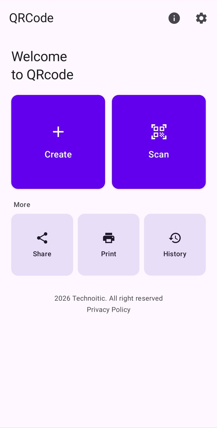 QRcode home screen with Create and Scan