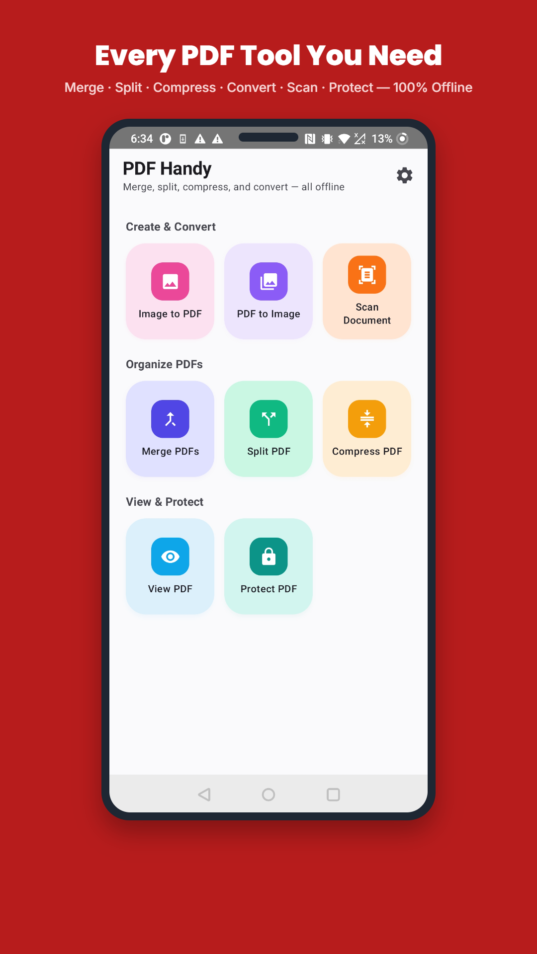 PDF Handy home screen listing all 8 tools