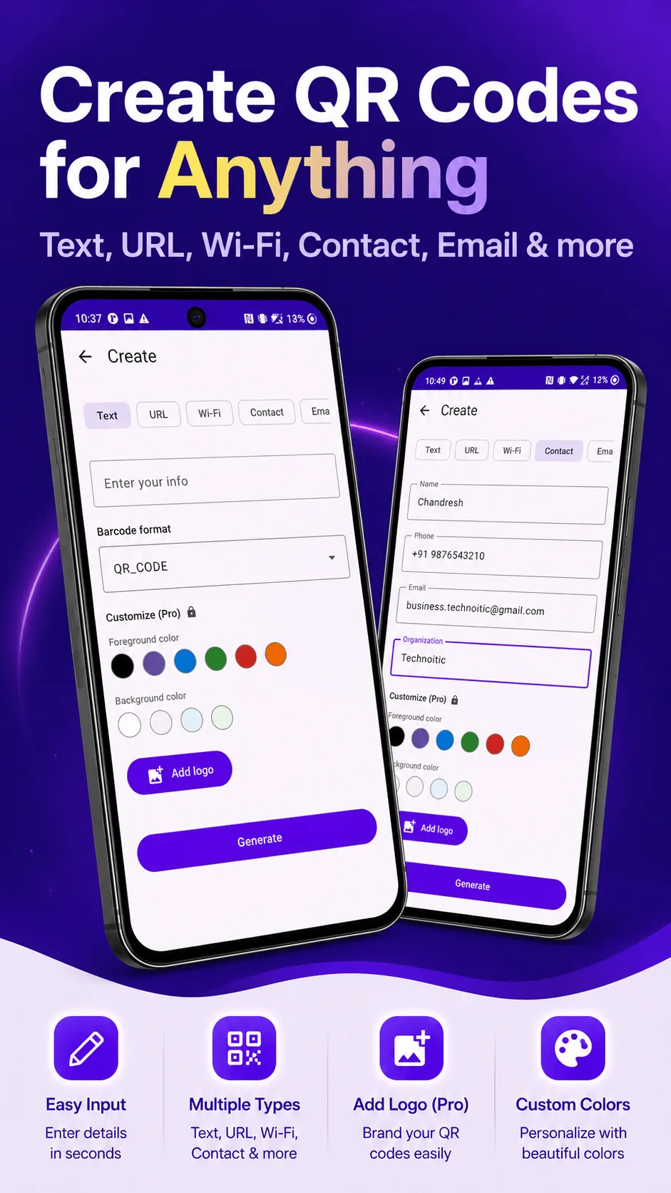 QRcode create screen with code type tabs and color customization