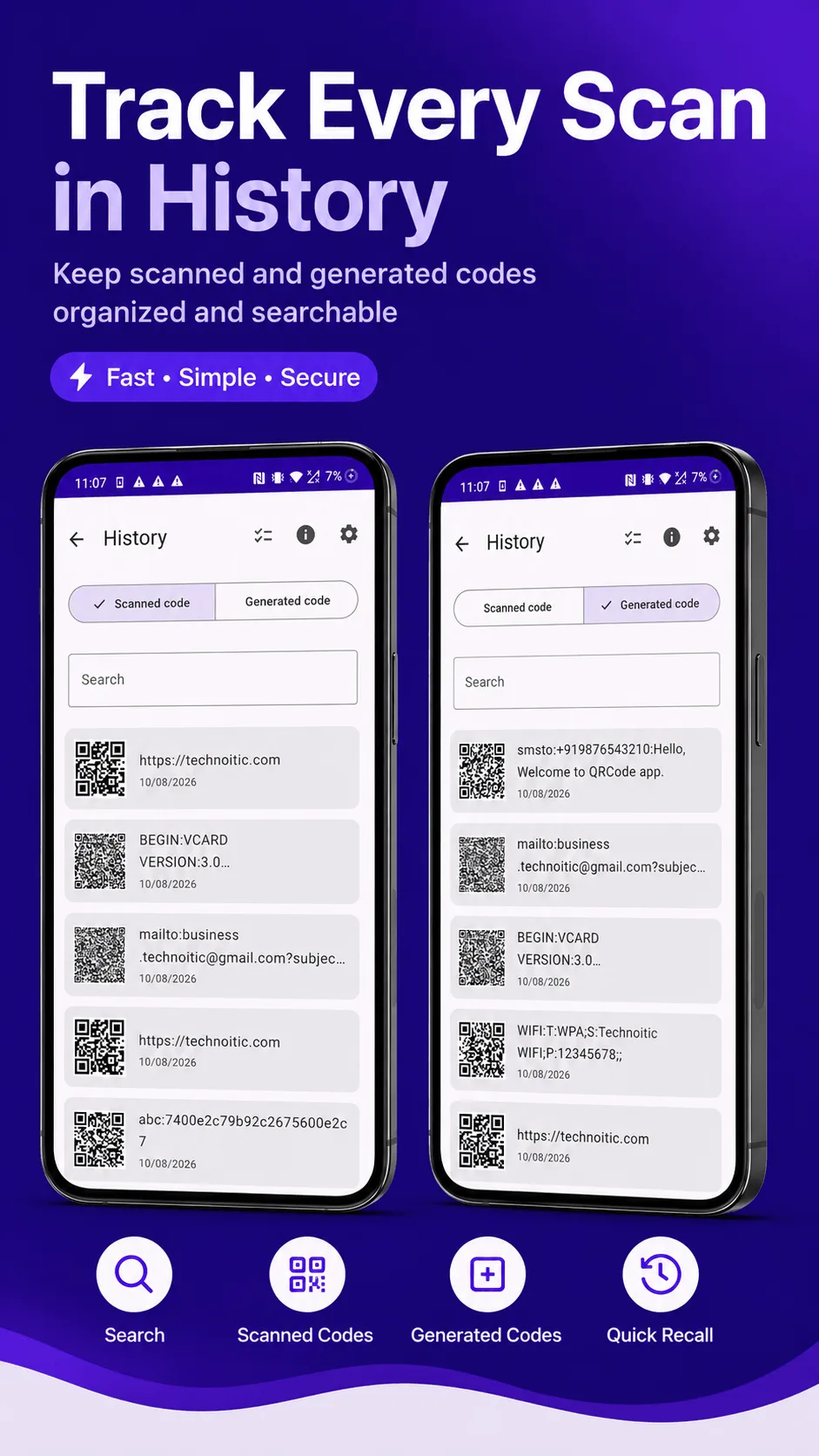 QRcode history of scanned and generated codes