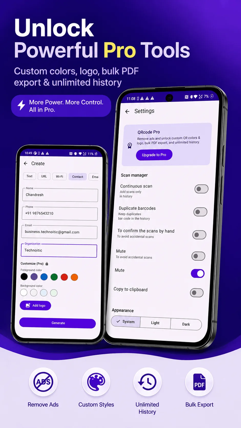 QRcode Pro settings screen with custom colors, logo, and bulk export