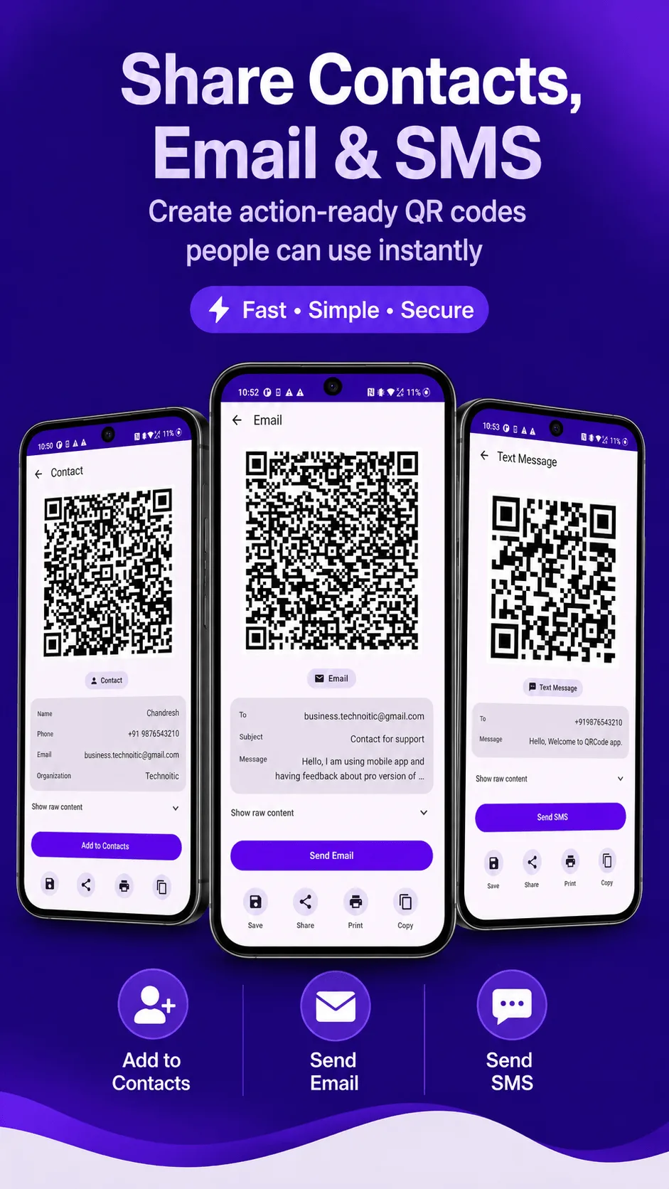 QRcode generated Contact, Email, and SMS codes with one-tap actions