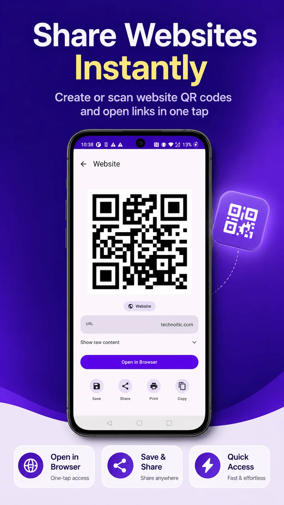 QRcode generated website code with Open in Browser action