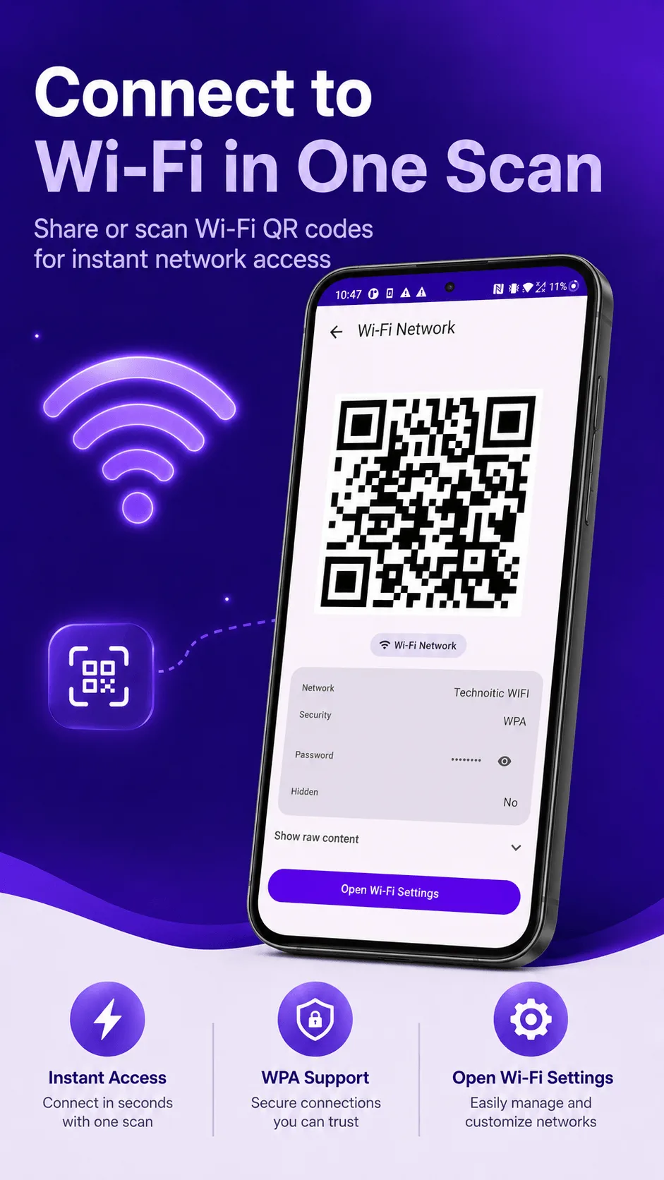 QRcode generated WiFi network code with Open WiFi Settings action